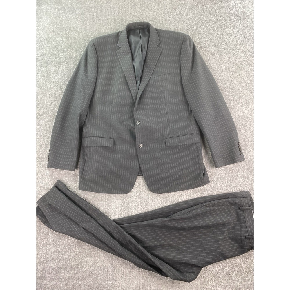 Chaps Suit 48 L Gray Wool Striped Premium Designer Classic Jacket Pants 36x32